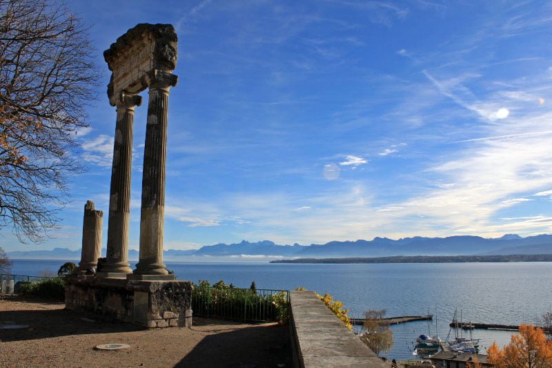 Roman Columns in Nyon with Views of Lake Geneva and the French Alps, Switzerland