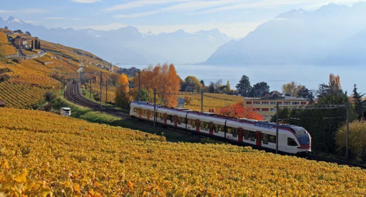 Swiss Train Running Along Lake Geneva