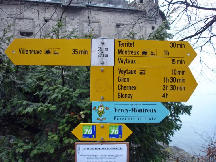 Hiking Route Signs at Chateau de Chillon Castle near Montreux