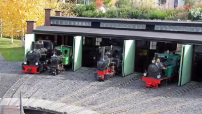 Miniature steam engines in the depot at the Swiss Vapeur Parc