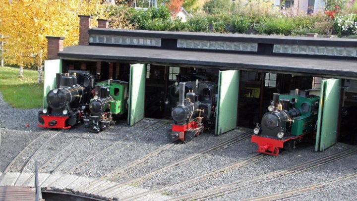 Miniature steam engines in the depot at the Swiss Vapeur Parc