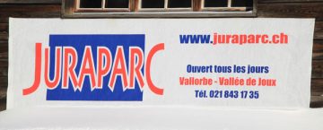 Juraparc near Vallorbe in the Vallée de Joux, Switzerland Juraparc Sign near Vallorbe in the Vallée de Joux, Switzerland