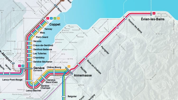 Basic Leman Express train network map in the Geneva region