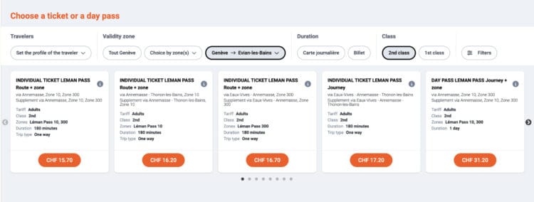 Leman Express train ticket prices from Geneva to Evian.