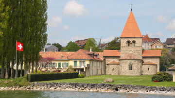 Romanesque church of St Sulpice is popular for photos in the Lake Geneva region