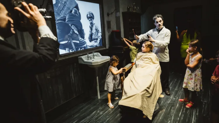 Barber chair from the Great Dictator recreated at Chaplin's World in Corsier-sur-Vevey in Switzerland