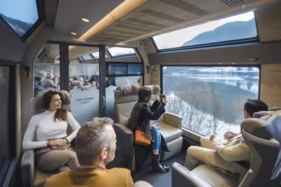 Prestige Class with large leather seats always facing in the direction of travel on the Golden Pass Express trains from Montreux to Interlaken