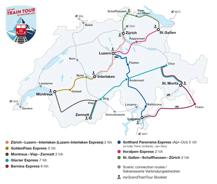 Map of the Top Panorama Trains in Switzerland