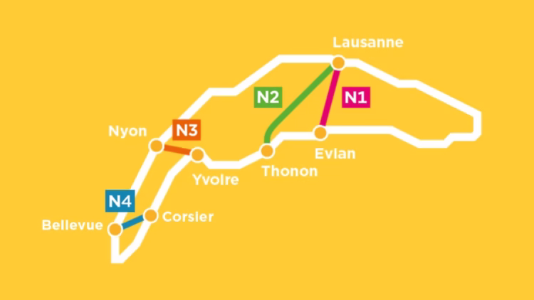 Map of ferry routes on Lake Geneva Switzerland and France CGN Mobilité currently operates four ferry routes on Lake Geneva: