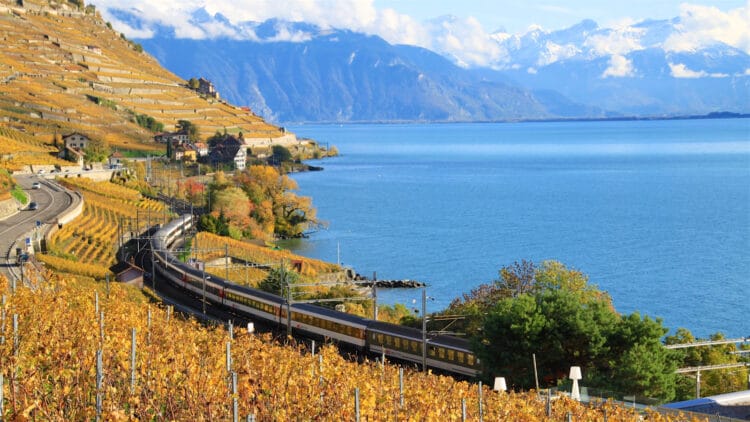 Train en route from Vevey to Lausanne in the Lavaux region on the shores of Lake Geneva with vineyards in autumn colors.