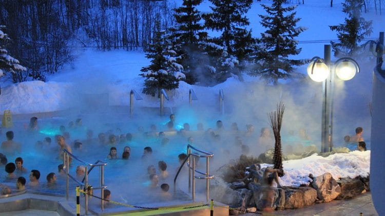 Leukerbad Therme Hot Spring Baths in Winter with Snow