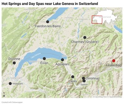 Map of Hot Springs and Day Spas near Lake Geneva in Switzerland including Leukerbad, Ovronnaz, Saillon, Lavey, Aquaparc, Charmey, and Yverdon