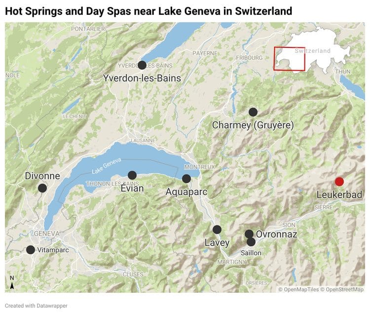 Map of Hot Springs and Day Spas near Lake Geneva in Switzerland including Leukerbad, Ovronnaz, Saillon, Lavey, Aquaparc, Charmey, and Yverdon